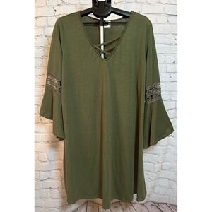 Just Found Womens 3X Olive Green Bell Sleeve Lace‎ Dress V-Neck Strappy